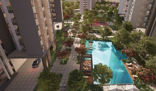 Purva Heron swimming pool at the clubhouse with lounging deck