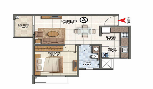 Purva Heron 1 BHK floor plan, 600 to 700 sq ft