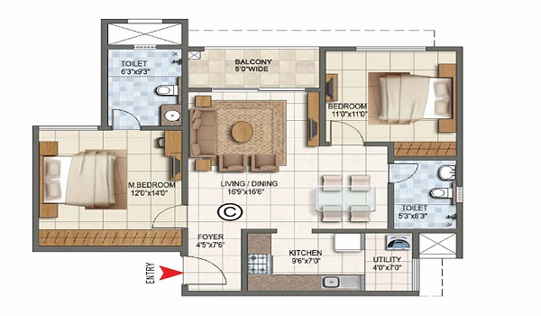 Purva Heron 2 BHK floor plan, 1,000 to 1,200 sq ft
