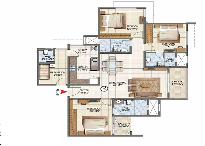 Purva Heron 3 BHK floor plan, 1,450 to 1,700 sq ft