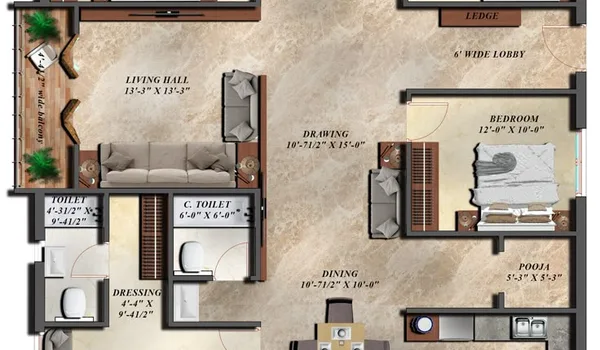 Purva Heron 4 BHK floor plan, 2,000 to 2,300 sq ft