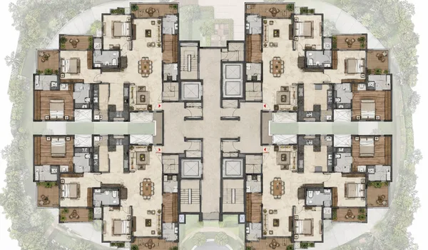 Purva Heron tower plan showing four towers of 22 to 26 floors around a central park